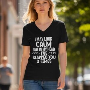 NWT 'I May Look Calm...' XL Black V-neck Tee Shirt
